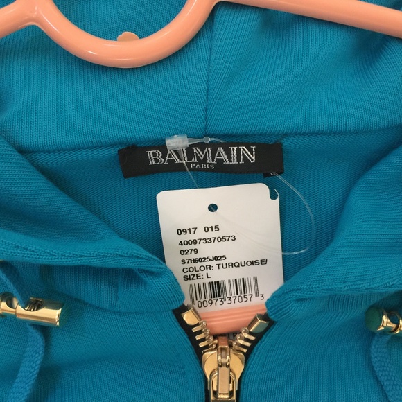 Balmain Paris Made in ITALY Men Turquoise Long Hooded Sweatshirt Sweater New - Picture 3 of 12